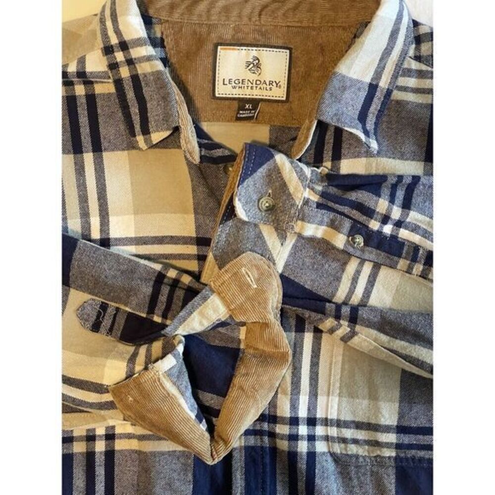 Legendary Whitetails Mens XL Blue Plaid Flannel Jacket Shirt Corduroy Cuff